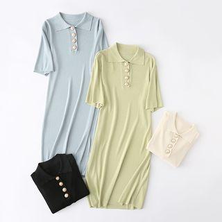 Faux Pearl Short-sleeve Knit Polo Shirt Dress