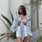 V-neck Floral Ruffle Cropped Cardigan