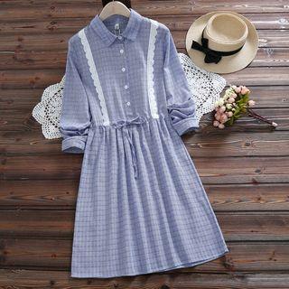 Long-sleeve Lace Trim Plaid A-line Midi Dress
