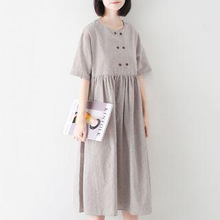 Buttoned Elbow-sleeve Midi A-line Dress