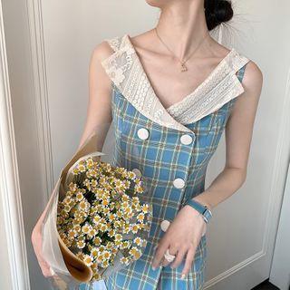 Lace Collar Sleeveless Plaid Midi A-line Dress