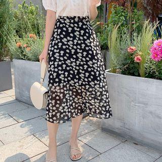 Band-waist A-line Floral Skirt Black - One Size