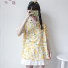 Lemon Printed Chiffon Short-sleeve Blouse+ Pleated Dress Set