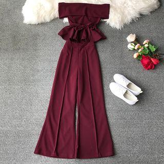 Set: Off-shoulder Sleeveless Top + Wide-leg Pants