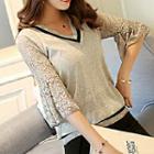Lace Elbow-sleeve Glittered V-neck Sweater