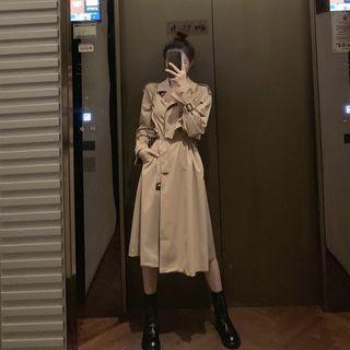 Long-sleeve Long Jacket With Sash Khaki - One Size