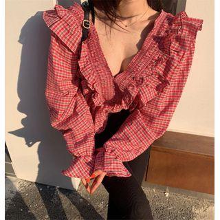 V Neck Plaid Ruffle Long-sleeve Blouse As Shown In Figure - One Size