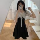 Puff-sleeve Two-tone Frill Trim Mini A-line Dress