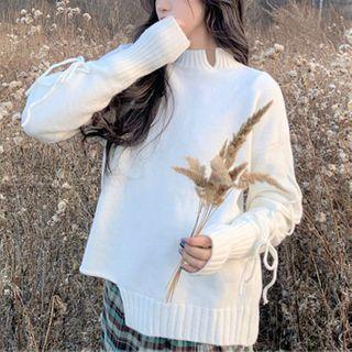 Mock Neck Plain Lace Up Sweater