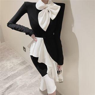 Bow-neck Ruffle Panel Midi Bodycon Dress