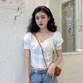 Frilled Trim Short-sleeve Blouse / High Waist Boot-cut Jeans