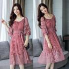 Off Shoulder Plaid 3/4 Sleeve Midi Dress