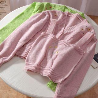 Set: Floral Embroidered Knit Crop Tank Top + Cardigan