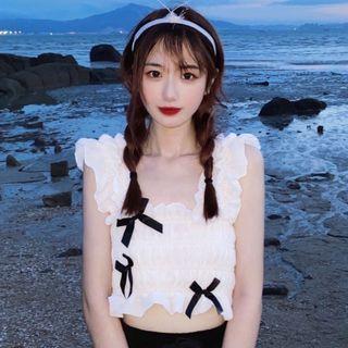 Sleeveless Ruffle Trim Bow Crop Top White - One Size