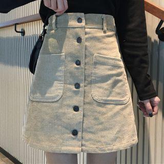 Button-up Corduroy Mini A-line Skirt