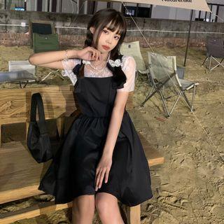Short Sleeve Mesh Top / Spaghetti Strap A-line Mini Dress