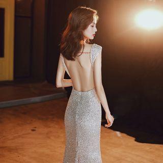Open Back Sleeveless Sequined Mermaid Evening Gown
