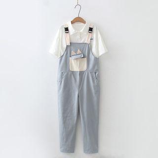 Short-sleeve Fish Print Shirt / Applique Cropped Jumper Pants