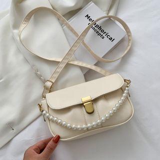 Pearl Chain Faux Leather Shoulder Bag