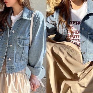 Flap-pocket Denim Cropped Jacket Light Blue - One Size