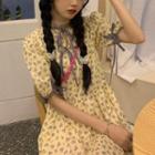 Short-sleeve Floral Midi A-line Dress Beige - One Size