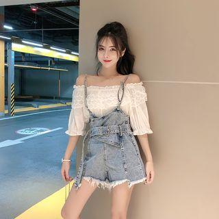 Ruffle Trim Off-shoulder Elbow-sleeve Top / Denim Suspender Shorts