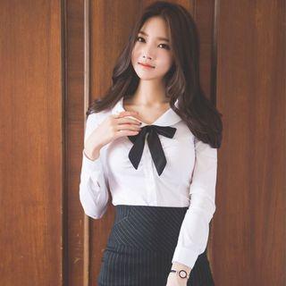 Set: Bow Long-sleeve Blouse + Pinstripe Skirt