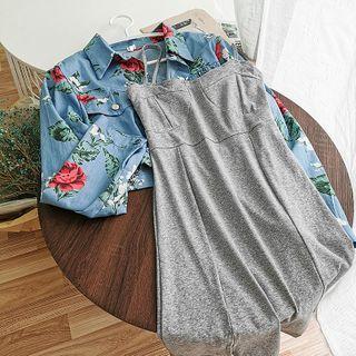 Set: Spaghetti Strap A-line Dress + Floral Print Shirt Jacket Gray - One Size