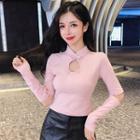 Long-sleeve Cutout Stand Collar Top