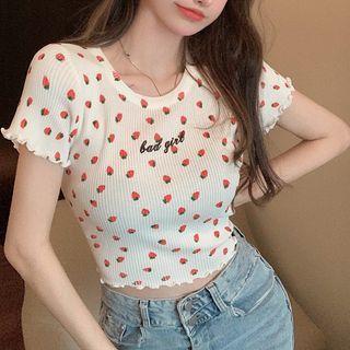 Short-sleeve Lettuce Edge Floral Knit Cropped T-shirt