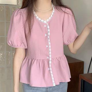 Puff Short-sleeve Lace Trim Top