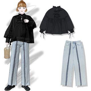 Tie Neck Blouse / Straight Fit Jeans