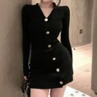 Long-sleeve V-neck Button-up Knit Mini Sheath Dress Black - One Size