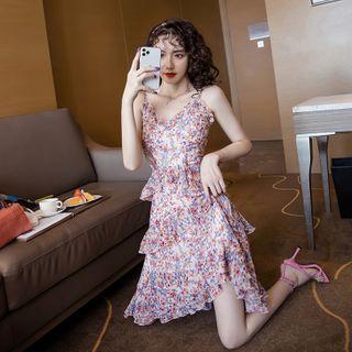Floral Spaghetti Strap Ruffle Trim A-line Dress
