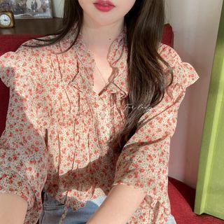 Bell-sleeve Floral Print Ruffled Blouse