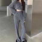 Fluffy Cropped Cardigan / Checkered Boot-cut Pants