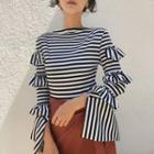 Striped Ruffle Bell-sleeve Slim-fit Knit Top
