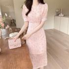 V-neck Pintuck Floral Long Dress
