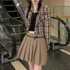 Cropped Camisole Top / Long-sleeve Plaid Shirt / High-waist Accordion Pleat Mini Skirt