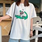 Short-sleeve Crocodile Print T-shirt White - One Size