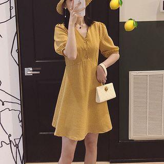Short-sleeve Plaid Mini Smock Dress