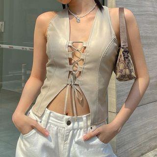 Sleeveless Lace-up Faux Leather Top