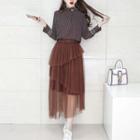 Set: Striped Long-sleeve Blouse + Layered Midi Skirt