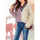 Plus Size Contrast-panel V-neck Shirt