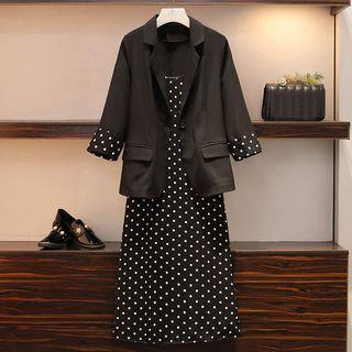 Set: Dotted Strappy Midi Dress + 3/4-sleeve Blazer