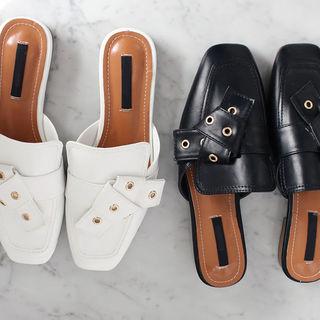 Square-toe Belt-detail Mules