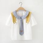 Bear Embroidered Sailor Collar Short-sleeve Blouse White - One Size