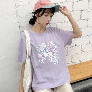 Elbow-sleeve Unicorn Printed T-shirt