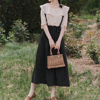 Set: Puff-sleeve Ruffled Blouse + Dotted Suspender Skirt