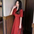 Buttoned V-neck Short-sleeve Midi A-line Dress